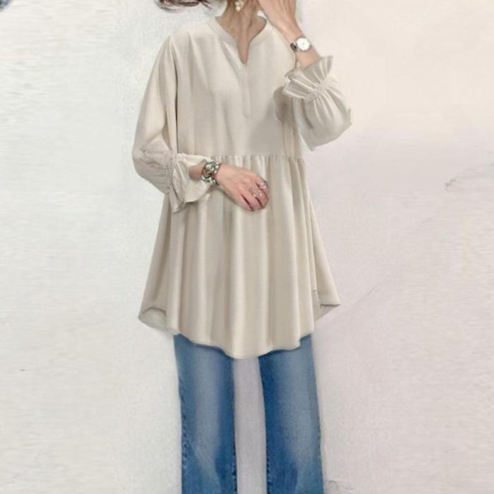 ブラウス レディース 長袖 フリルブラウス Vネック クルーネック 20代 体型カバー ストライプ 切り替え カジュアル ゆったり 