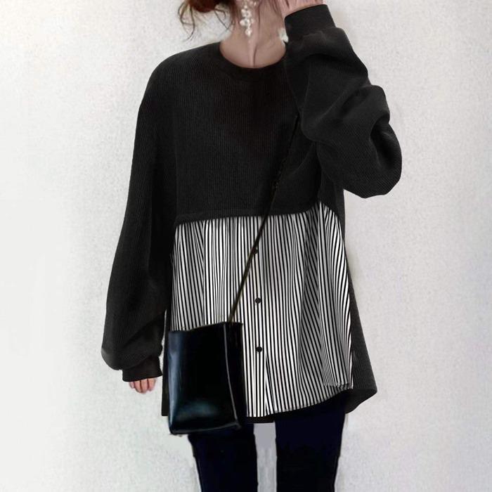 ブラウス レディース 長袖 フリルブラウス Vネック クルーネック 20代 体型カバー ストライプ 切り替え カジュアル ゆったり 