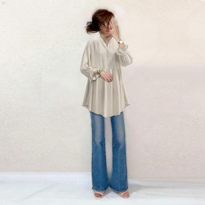 ブラウス レディース 長袖 フリルブラウス Vネック クルーネック 20代 体型カバー ストライプ 切り替え カジュアル ゆったり 