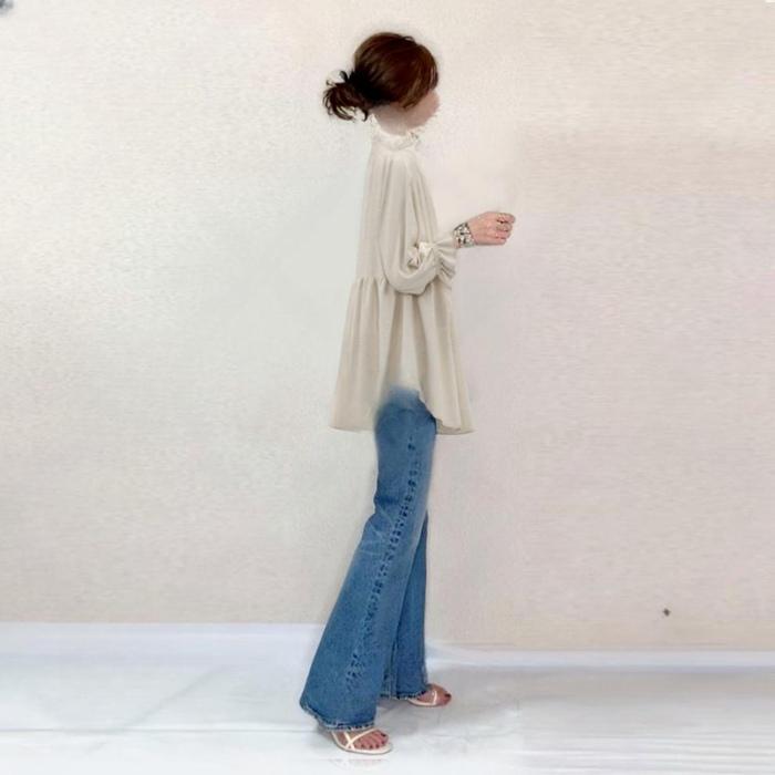 ブラウス レディース 長袖 フリルブラウス Vネック クルーネック 20代 体型カバー ストライプ 切り替え カジュアル ゆったり 