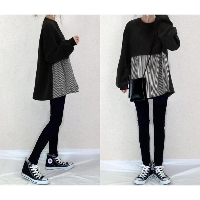 ブラウス レディース 長袖 フリルブラウス Vネック クルーネック 20代 体型カバー ストライプ 切り替え カジュアル ゆったり 