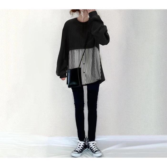 ブラウス レディース 長袖 フリルブラウス Vネック クルーネック 20代 体型カバー ストライプ 切り替え カジュアル ゆったり 