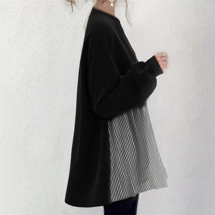 ブラウス レディース 長袖 フリルブラウス Vネック クルーネック 20代 体型カバー ストライプ 切り替え カジュアル ゆったり 