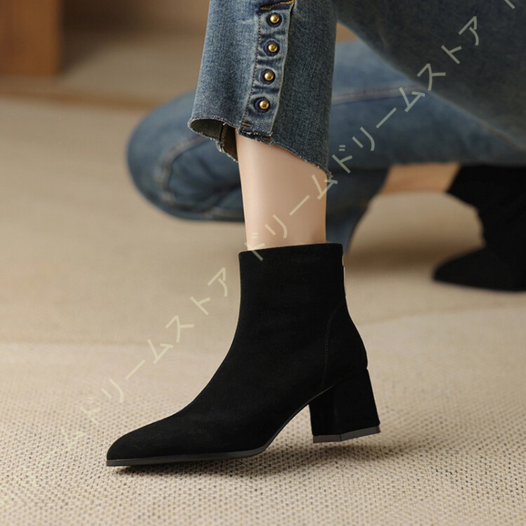 ブーティ レディース ブーツ バックジッパー スエード調 とんがりトゥ ブーティー 5CM アンクルブーツ 防寒 秋冬 ショートブーツ チャンキーヒール ローヒール 