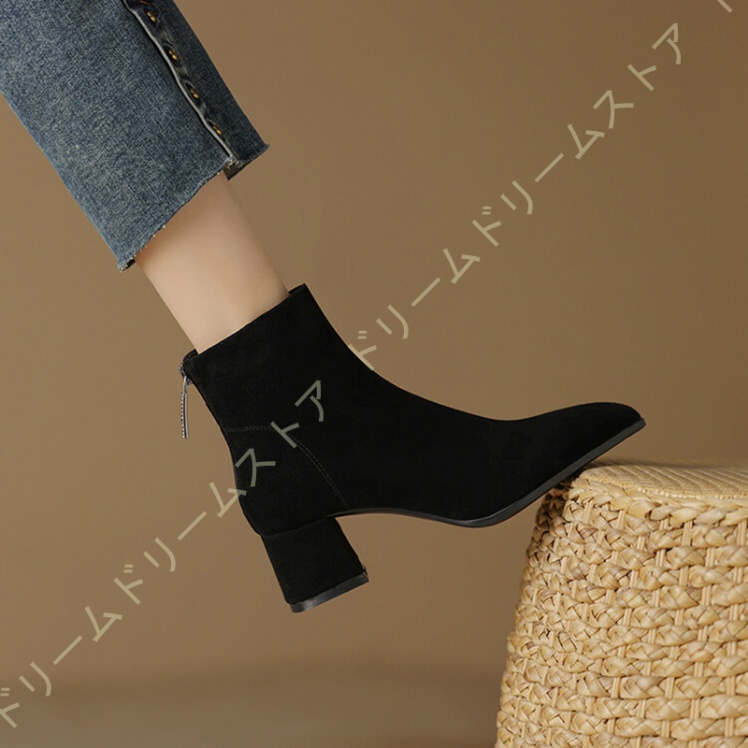 ブーティ レディース ブーツ バックジッパー スエード調 とんがりトゥ ブーティー 5CM アンクルブーツ 防寒 秋冬 ショートブーツ チャンキーヒール ローヒール 