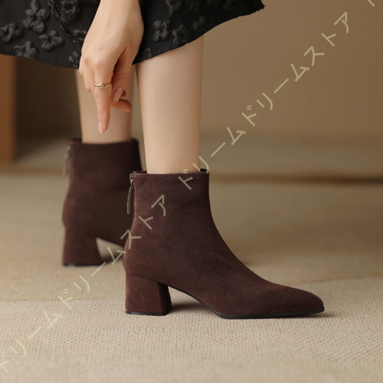ブーティ レディース ブーツ バックジッパー スエード調 とんがりトゥ ブーティー 5CM アンクルブーツ 防寒 秋冬 ショートブーツ チャンキーヒール ローヒール 