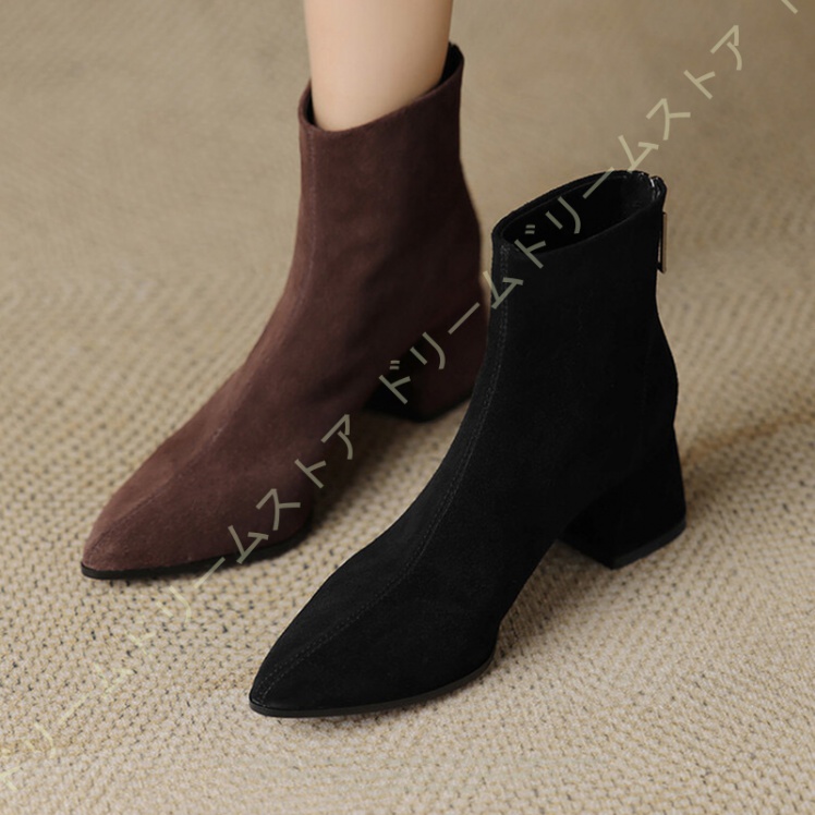 ブーティ レディース ブーツ バックジッパー スエード調 とんがりトゥ ブーティー 5CM アンクルブーツ 防寒 秋冬 ショートブーツ チャンキーヒール ローヒール 