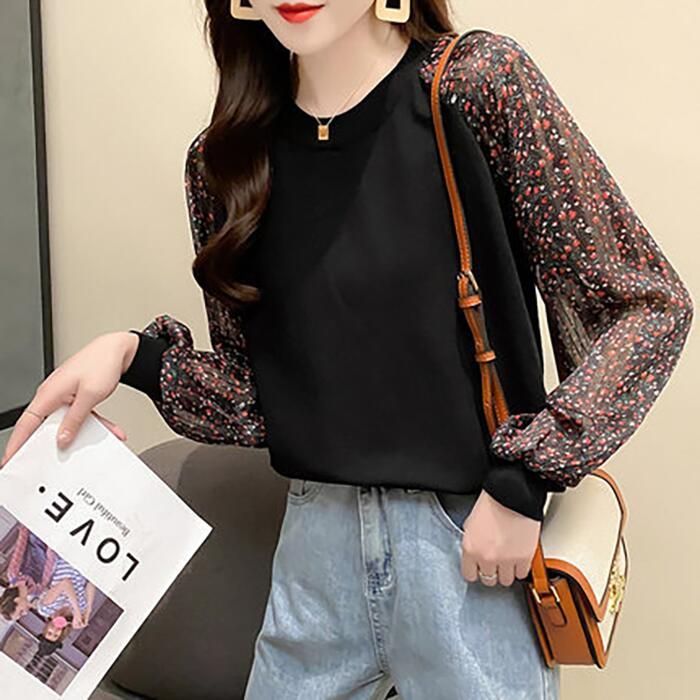 ニット トップス レディース カジュアル おしゃれ 長袖 パフスリーブ お出かけ デート セーター 可愛い ガー花柄 透け感 きれいめ ラウンドネックネック 