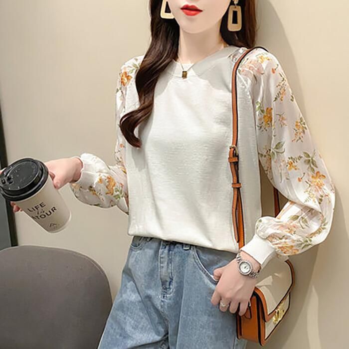ニット トップス レディース カジュアル おしゃれ 長袖 パフスリーブ お出かけ デート セーター 可愛い ガー花柄 透け感 きれいめ ラウンドネックネック 