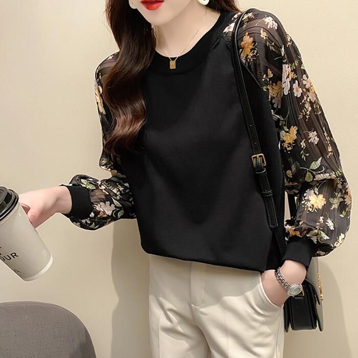 ニット トップス レディース カジュアル おしゃれ 長袖 パフスリーブ お出かけ デート セーター 可愛い ガー花柄 透け感 きれいめ ラウンドネックネック 