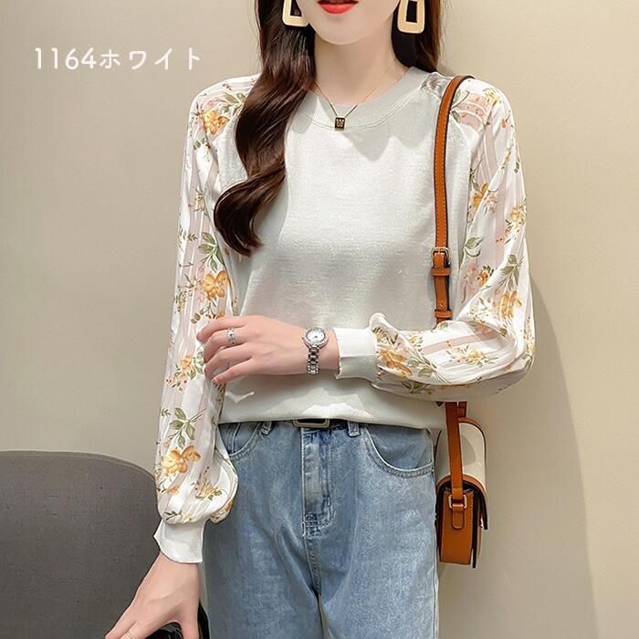 ニット トップス レディース カジュアル おしゃれ 長袖 パフスリーブ お出かけ デート セーター 可愛い ガー花柄 透け感 きれいめ ラウンドネックネック 