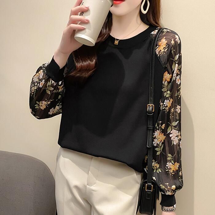 ニット トップス レディース カジュアル おしゃれ 長袖 パフスリーブ お出かけ デート セーター 可愛い ガー花柄 透け感 きれいめ ラウンドネックネック 