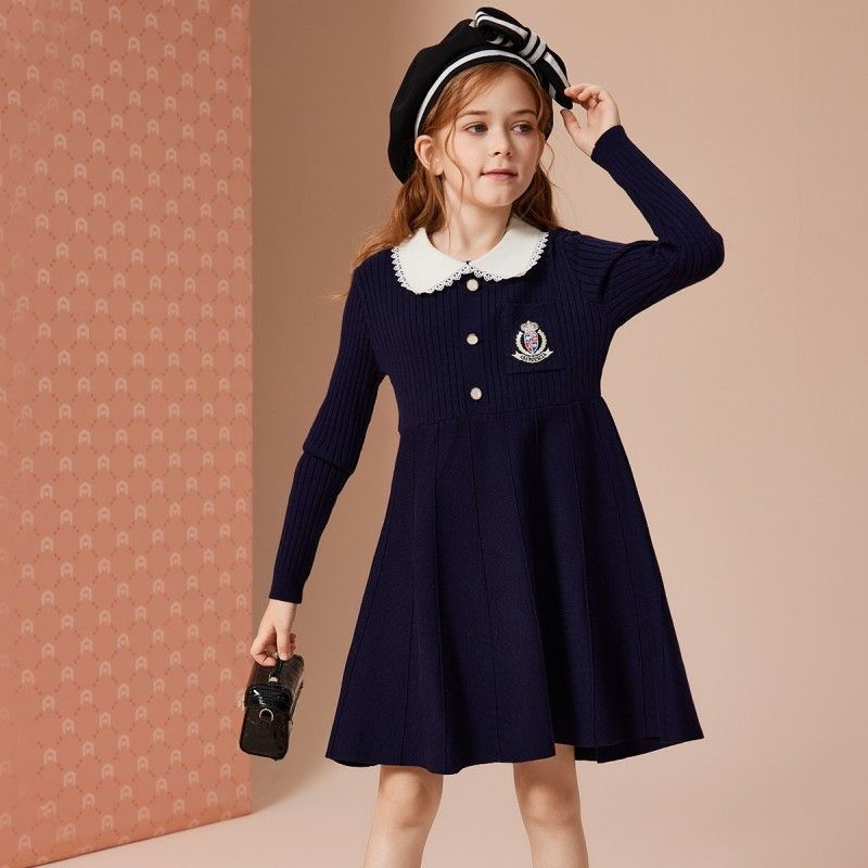 お取り寄せ商品 ワンピース キッズ 女の子 セーターワンピース 110-170CM カジュアル Aラインワンピース 襟付き ニットワンピース おしゃれ ミディアム丈 長袖 