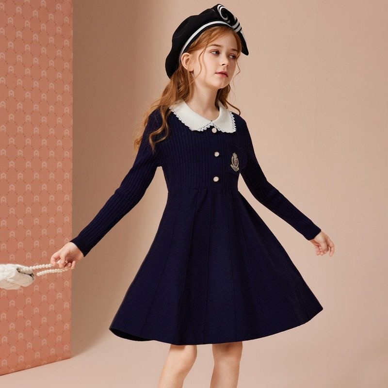 お取り寄せ商品 ワンピース キッズ 女の子 セーターワンピース 110-170CM カジュアル Aラインワンピース 襟付き ニットワンピース おしゃれ ミディアム丈 長袖 