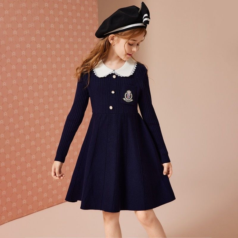 お取り寄せ商品 ワンピース キッズ 女の子 セーターワンピース 110-170CM カジュアル Aラインワンピース 襟付き ニットワンピース おしゃれ ミディアム丈 長袖 