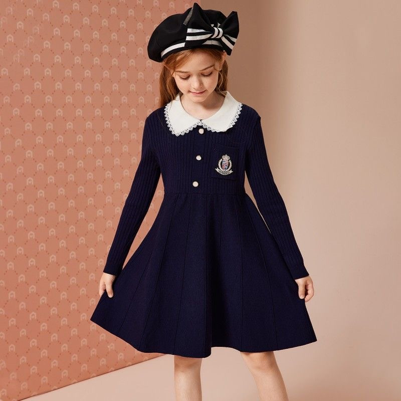 お取り寄せ商品 ワンピース キッズ 女の子 セーターワンピース 110-170CM カジュアル Aラインワンピース 襟付き ニットワンピース おしゃれ ミディアム丈 長袖 