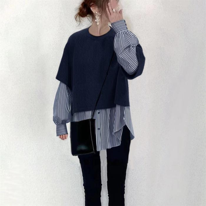 ニットトップス 長袖 Tシャツ レディース ニット クルーネック 切り替え ストライプ レイヤード風 カジュアル 重ね着風 