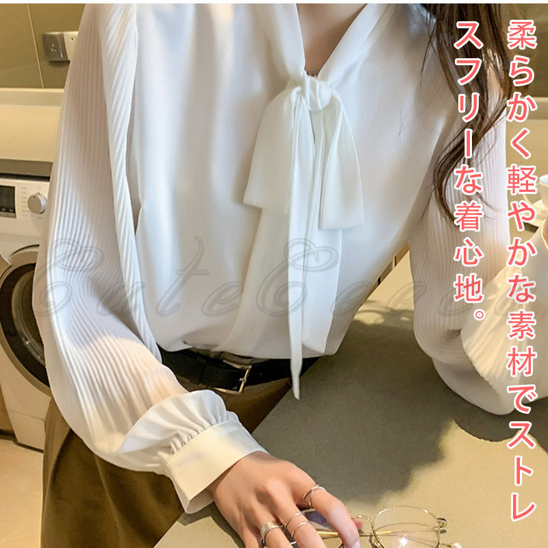 リボン付きブラウス プリーツ 透け感 ブラウス シャツ シフォン 白 レディース 通勤 長袖 オフィス 大きいサイズ 事務服 送料無料 結婚式 黒 OL 就活 ビジネス 
