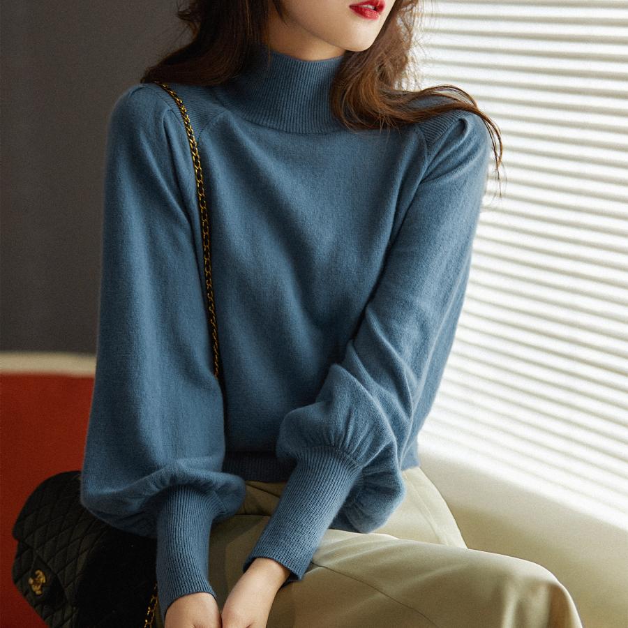 セーターニット 春服 レディース ハイネック トップス タートルネック 長袖 ゆったり 体型カバー シンプル パフスリーブ 無地 通勤 柔らかい 