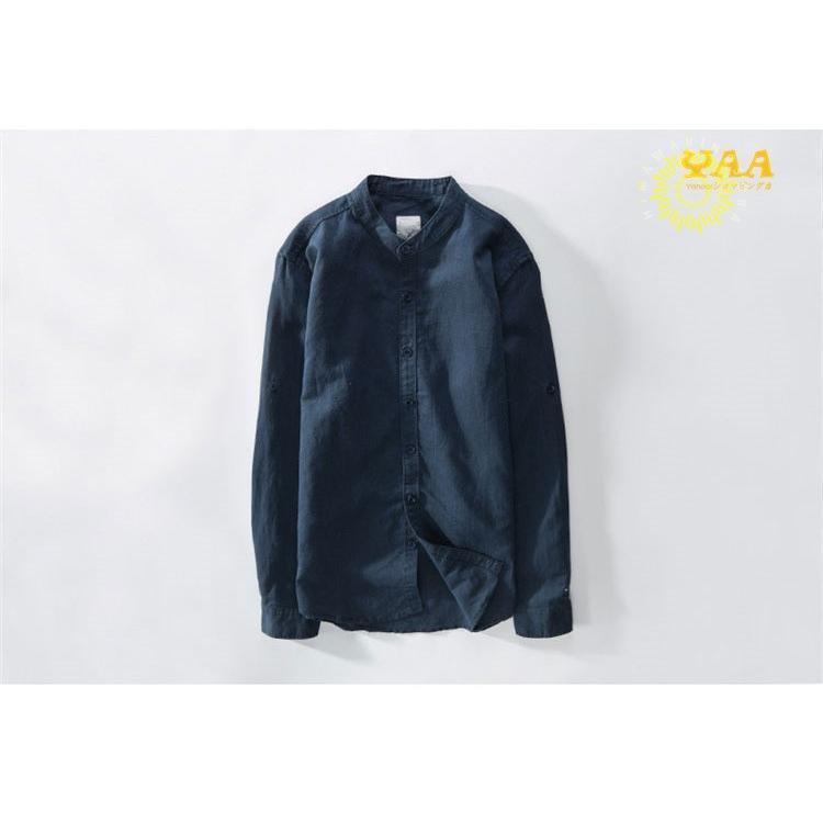 カジュアルシャツ メンズ シャツ 長袖 綿麻シャツ リネンシャツ ワイシャツ 開襟シャツ ロールアップ 白シャツ 