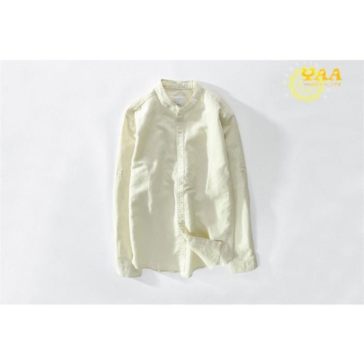 カジュアルシャツ メンズ シャツ 長袖 綿麻シャツ リネンシャツ ワイシャツ 開襟シャツ ロールアップ 白シャツ 