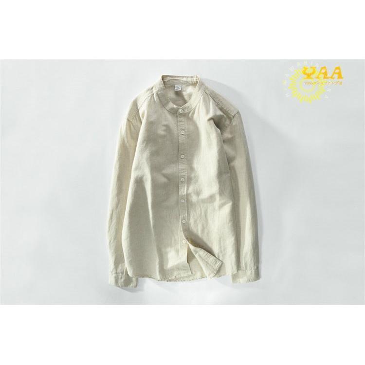 カジュアルシャツ メンズ シャツ 長袖 綿麻シャツ リネンシャツ ワイシャツ 開襟シャツ ロールアップ 白シャツ 