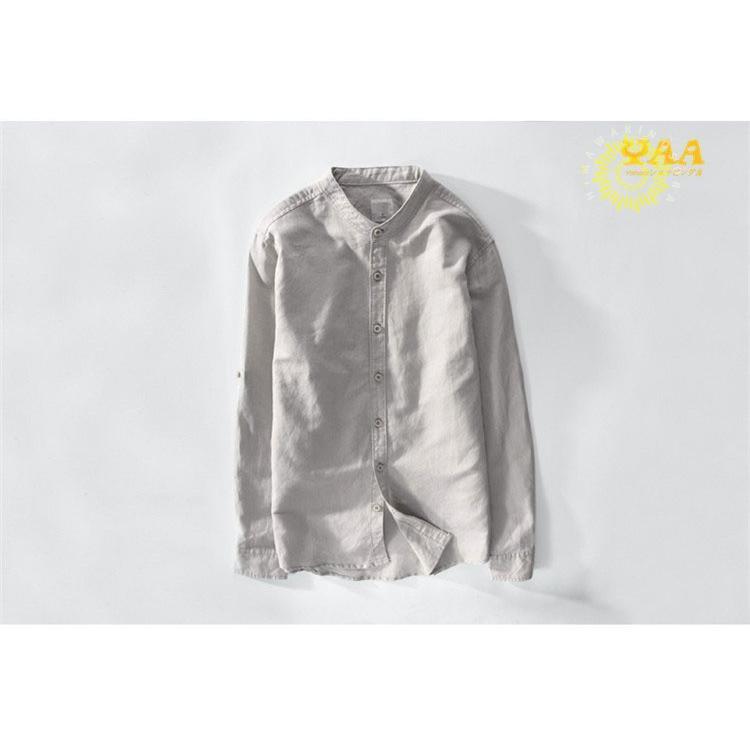 カジュアルシャツ メンズ シャツ 長袖 綿麻シャツ リネンシャツ ワイシャツ 開襟シャツ ロールアップ 白シャツ 