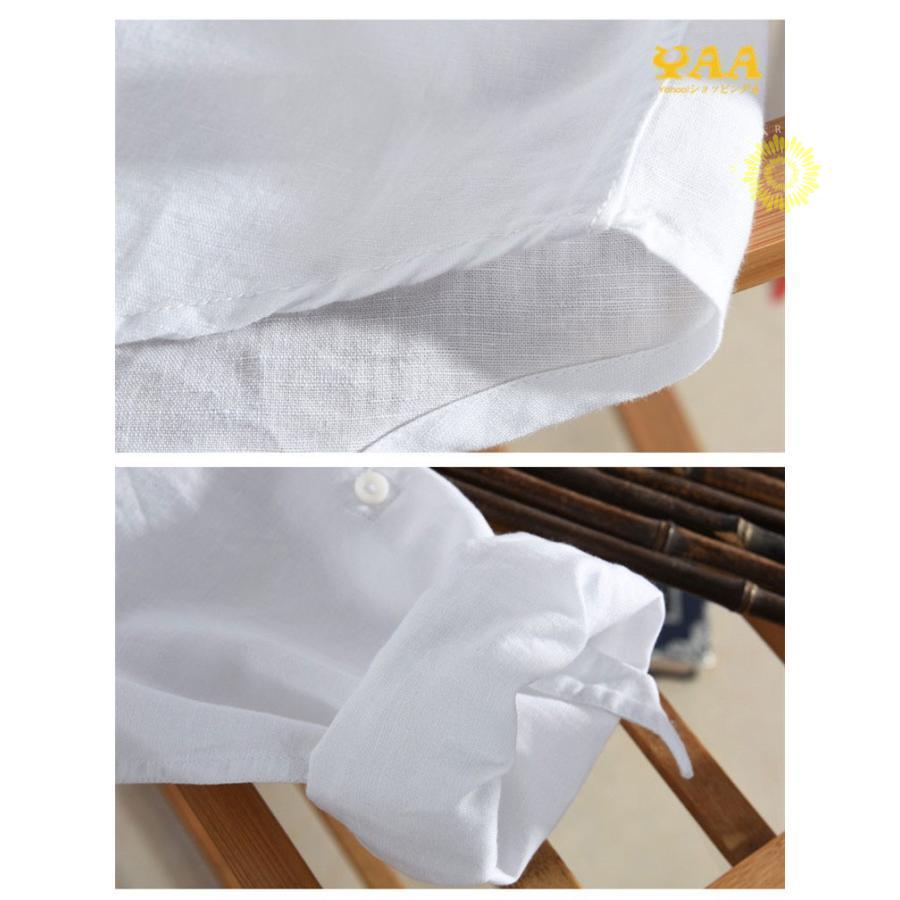 カジュアルシャツ メンズ シャツ 長袖 綿麻シャツ リネンシャツ ワイシャツ 開襟シャツ ロールアップ 白シャツ 