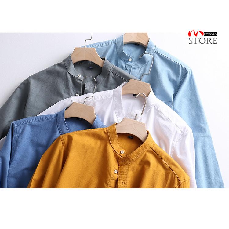 メンズ シャツ カジュアルシャツ 白シャツ長袖 ビジネスシャツ バンドカラーシャツ トップス 無地 スタンド秋物 