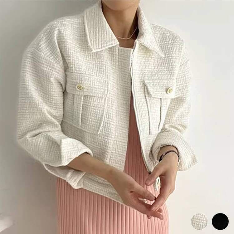 コート レディース 韓国 ブルゾン ジャケット ツイード アウター ショート丈 長袖 エレ フェミニン ツイードチェック おしゃれ 