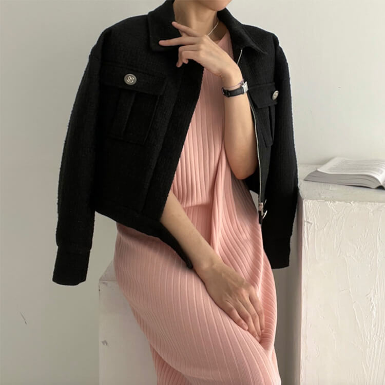 コート レディース 韓国 ブルゾン ジャケット ツイード アウター ショート丈 長袖 エレ フェミニン ツイードチェック おしゃれ 