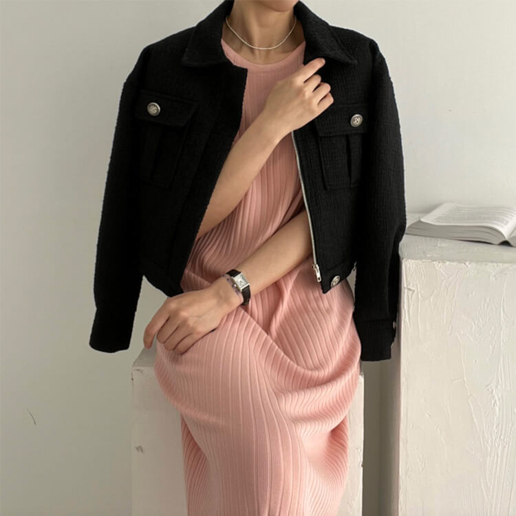 コート レディース 韓国 ブルゾン ジャケット ツイード アウター ショート丈 長袖 エレ フェミニン ツイードチェック おしゃれ 