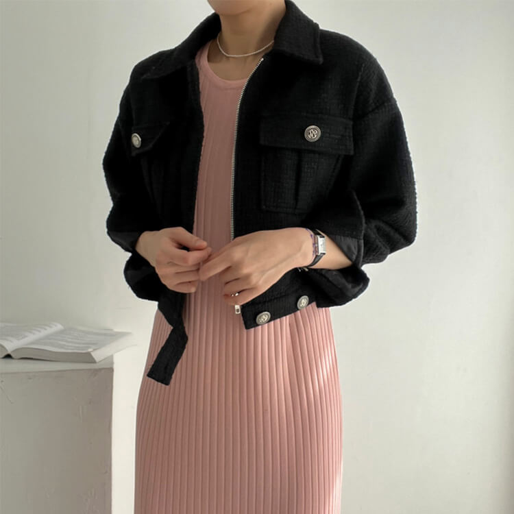 コート レディース 韓国 ブルゾン ジャケット ツイード アウター ショート丈 長袖 エレ フェミニン ツイードチェック おしゃれ 