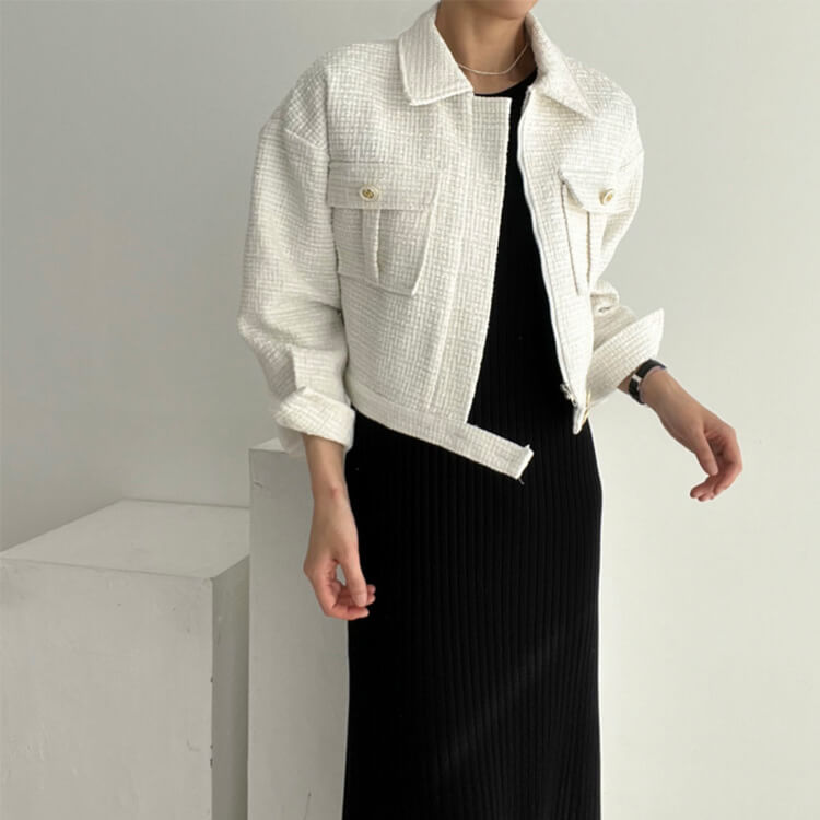 コート レディース 韓国 ブルゾン ジャケット ツイード アウター ショート丈 長袖 エレ フェミニン ツイードチェック おしゃれ 