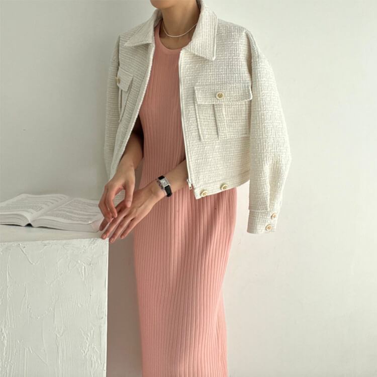 コート レディース 韓国 ブルゾン ジャケット ツイード アウター ショート丈 長袖 エレ フェミニン ツイードチェック おしゃれ 