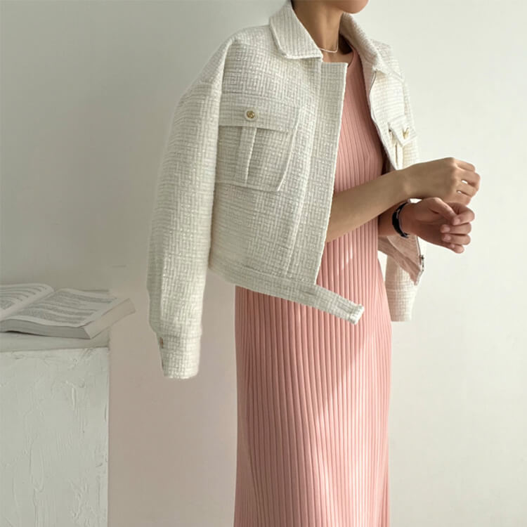 コート レディース 韓国 ブルゾン ジャケット ツイード アウター ショート丈 長袖 エレ フェミニン ツイードチェック おしゃれ 