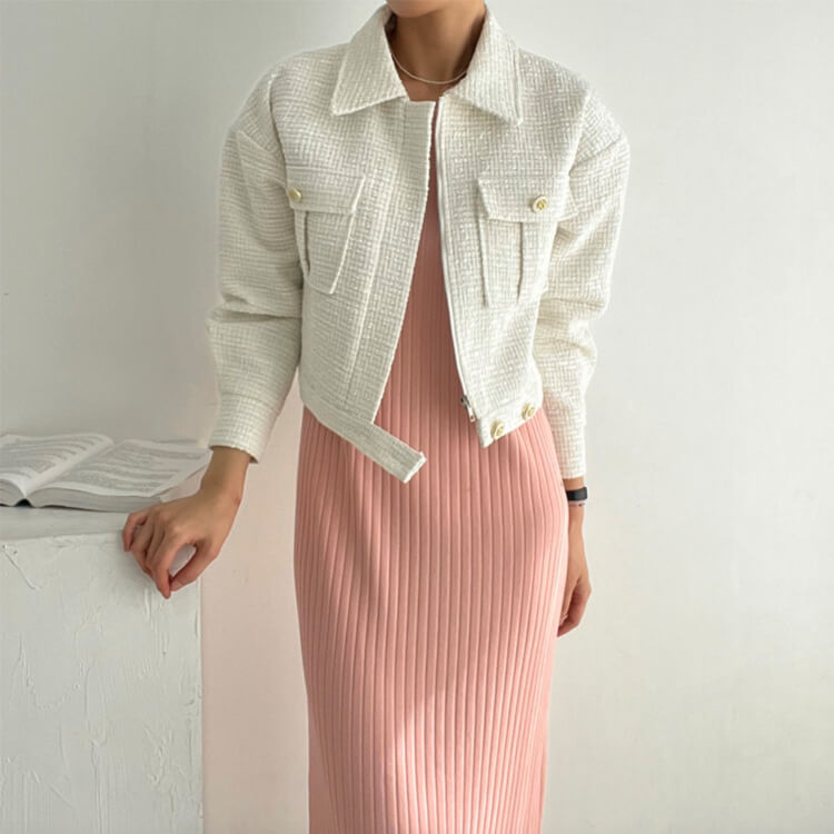 コート レディース 韓国 ブルゾン ジャケット ツイード アウター ショート丈 長袖 エレ フェミニン ツイードチェック おしゃれ 