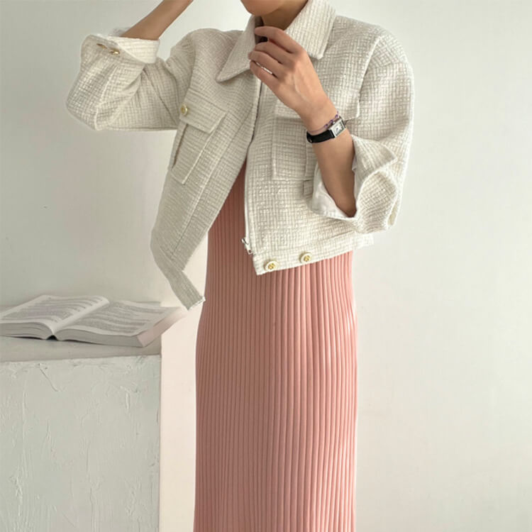 コート レディース 韓国 ブルゾン ジャケット ツイード アウター ショート丈 長袖 エレ フェミニン ツイードチェック おしゃれ 