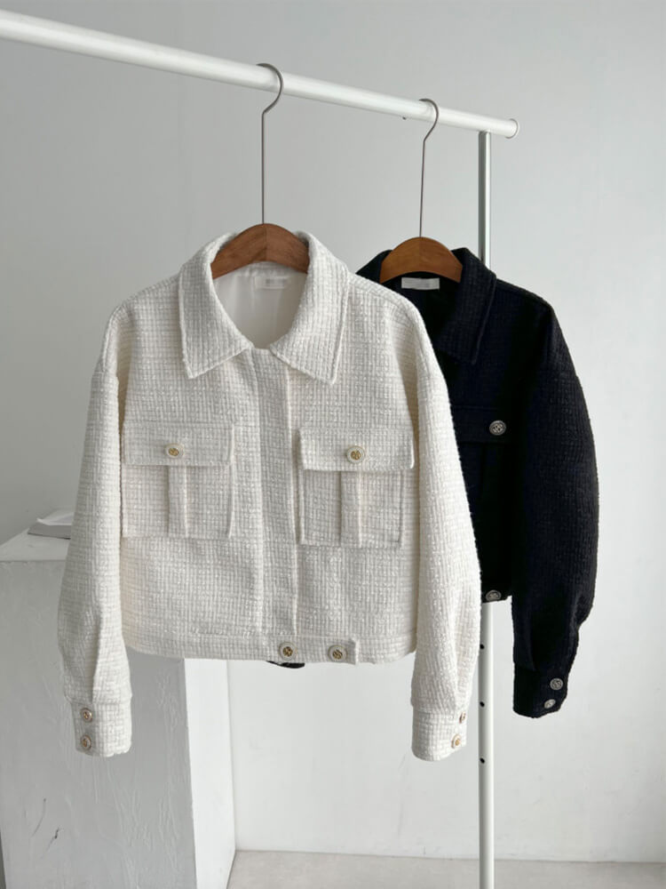 コート レディース 韓国 ブルゾン ジャケット ツイード アウター ショート丈 長袖 エレ フェミニン ツイードチェック おしゃれ 