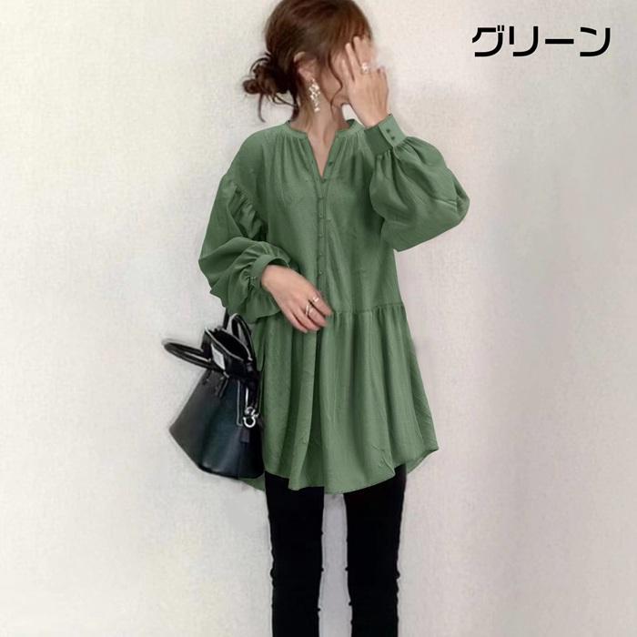 ブラウス レディース 長袖 パフスリーブ フリルブラウス Vネック 裾アシンメト20代 体型カ カジュアル 通学 40代 30代 