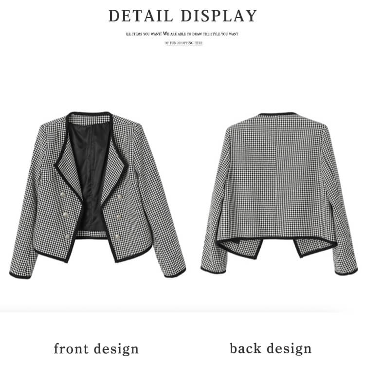 ジャケット レディース 千鳥格子 長袖 韓国 柄 ゆったり オープンおしゃれ アウター ダブルボタン ショート丈 レトロ スタイリッシュ 
