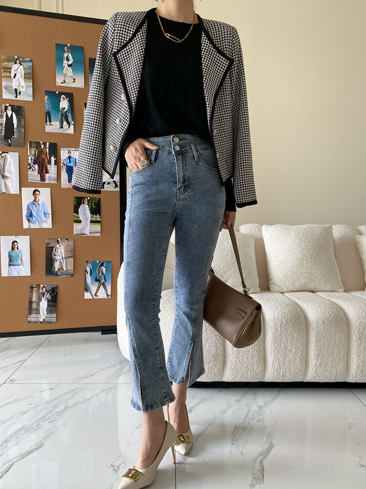 ジャケット レディース 千鳥格子 長袖 韓国 柄 ゆったり オープンおしゃれ アウター ダブルボタン ショート丈 レトロ スタイリッシュ 