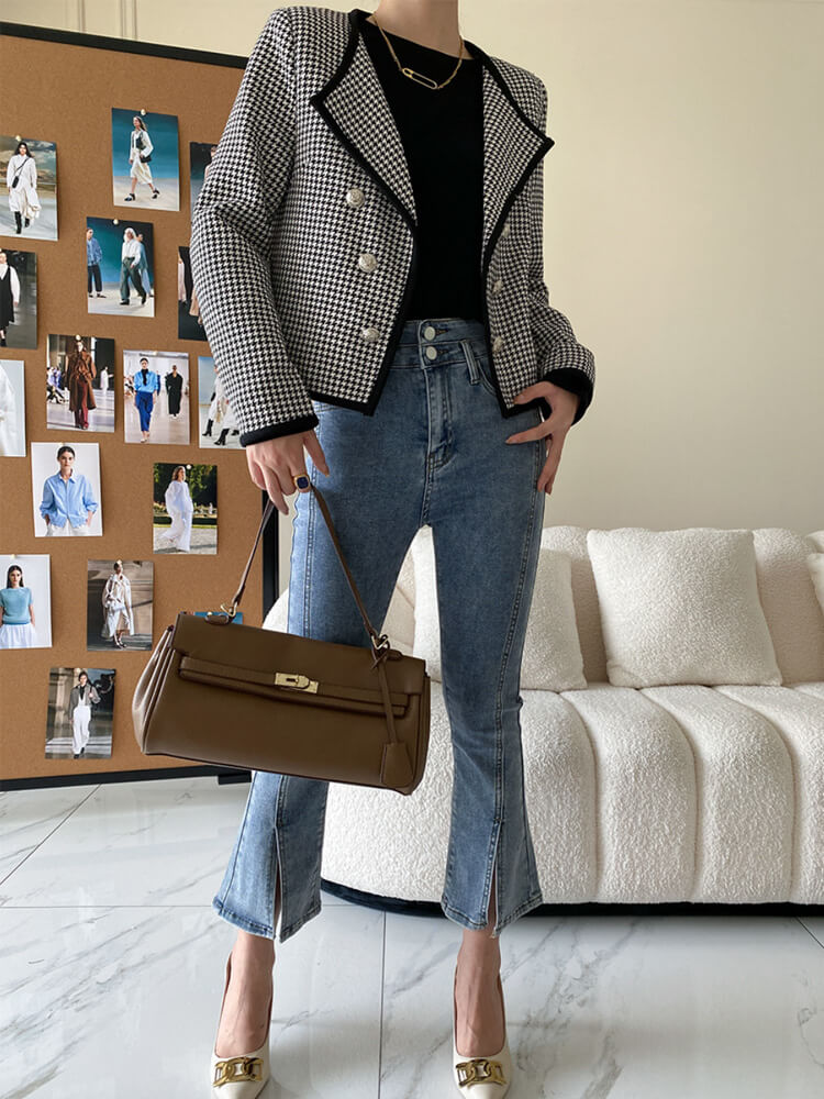ジャケット レディース 千鳥格子 長袖 韓国 柄 ゆったり オープンおしゃれ アウター ダブルボタン ショート丈 レトロ スタイリッシュ 