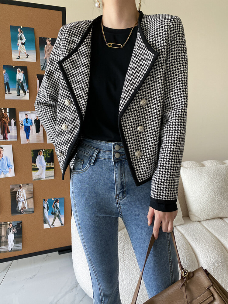 ジャケット レディース 千鳥格子 長袖 韓国 柄 ゆったり オープンおしゃれ アウター ダブルボタン ショート丈 レトロ スタイリッシュ 