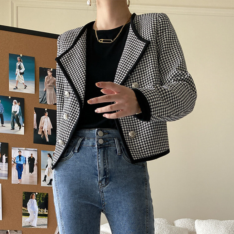 ジャケット レディース 千鳥格子 長袖 韓国 柄 ゆったり オープンおしゃれ アウター ダブルボタン ショート丈 レトロ スタイリッシュ 