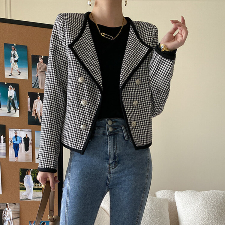 ジャケット レディース 千鳥格子 長袖 韓国 柄 ゆったり オープンおしゃれ アウター ダブルボタン ショート丈 レトロ スタイリッシュ 