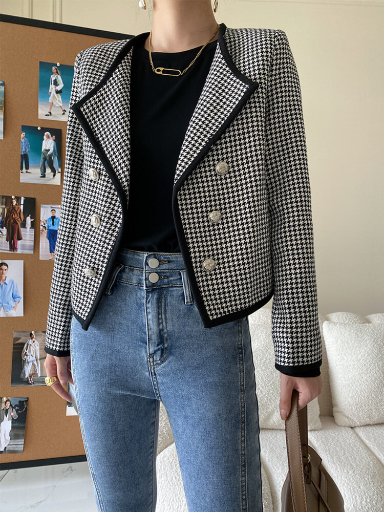 ジャケット レディース 千鳥格子 長袖 韓国 柄 ゆったり オープンおしゃれ アウター ダブルボタン ショート丈 レトロ スタイリッシュ 
