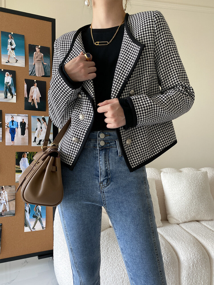 ジャケット レディース 千鳥格子 長袖 韓国 柄 ゆったり オープンおしゃれ アウター ダブルボタン ショート丈 レトロ スタイリッシュ 