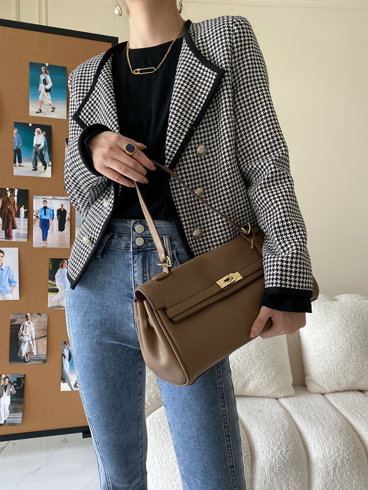 ジャケット レディース 千鳥格子 長袖 韓国 柄 ゆったり オープンおしゃれ アウター ダブルボタン ショート丈 レトロ スタイリッシュ 