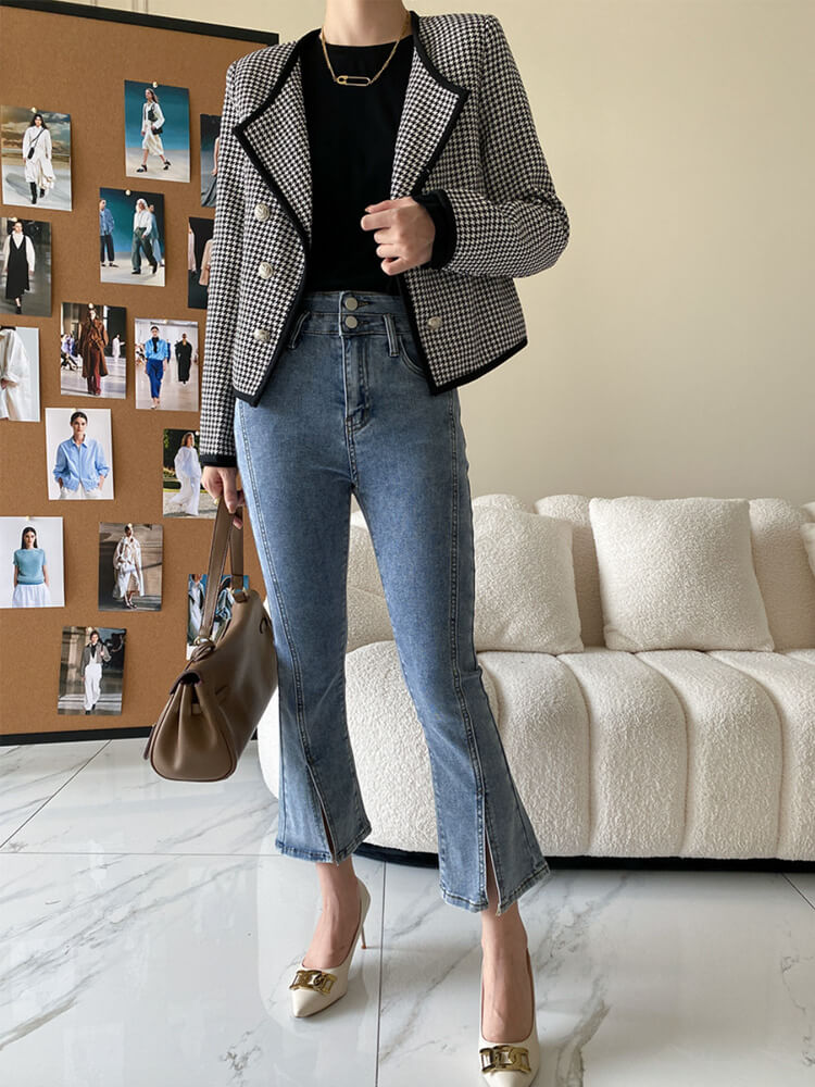 ジャケット レディース 千鳥格子 長袖 韓国 柄 ゆったり オープンおしゃれ アウター ダブルボタン ショート丈 レトロ スタイリッシュ 